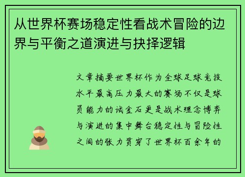 从世界杯赛场稳定性看战术冒险的边界与平衡之道演进与抉择逻辑